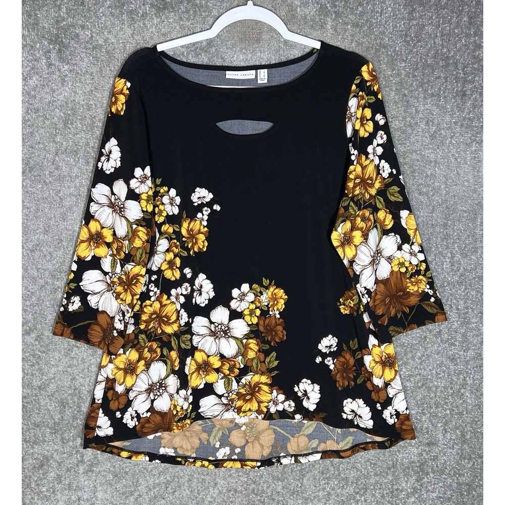 Susan Graver Liquid Knit Tunic Top Womens Size L Black Fall Dark Floral Cut Out